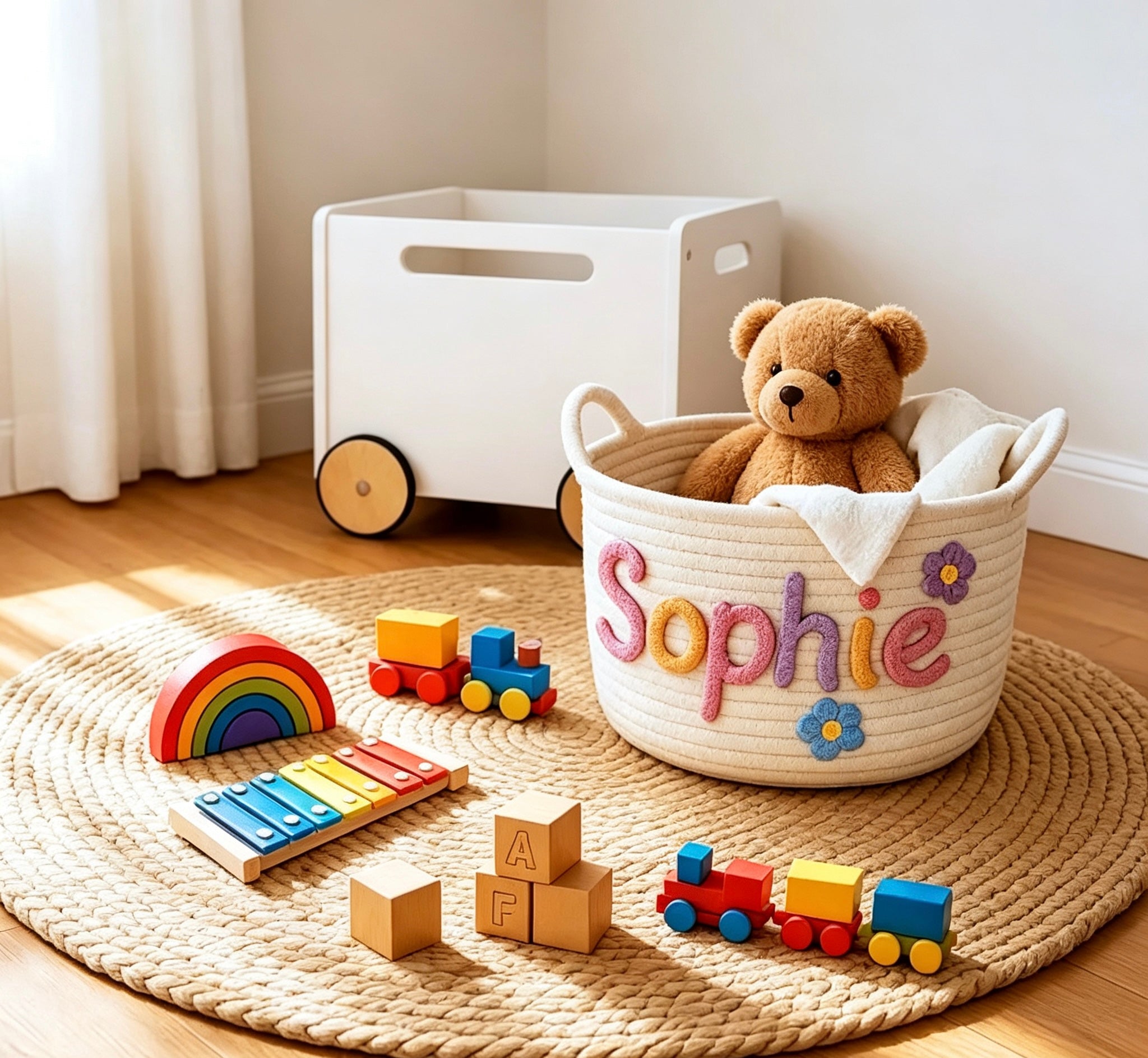 Colorful wooden train toy set for toddlers, safe non-toxic wood, stacking and rolling play